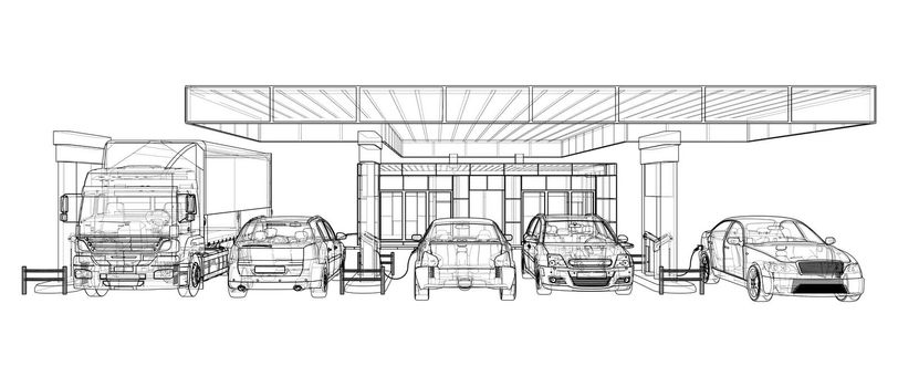 Electric Car Charging Station with Cars and Truck. 3d illustration