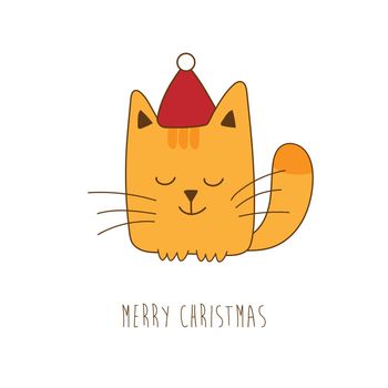 Christmas card with cute ginger cat. Kitten in red santa hat. Merry xmas and happy new year vector illustration