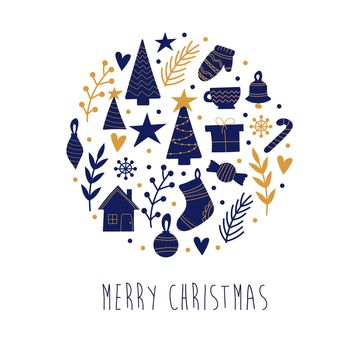 Hand drawn set of Christmas elements in blue and gold on a white background. Elements for decoration. Postcard for christmas