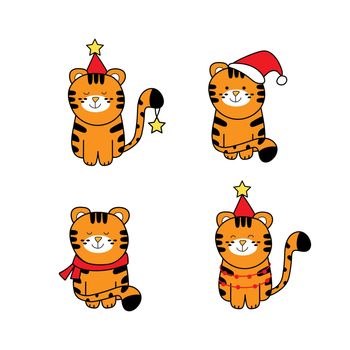 Set of cute tiger in Christmas costume - vector collection. Animal cartoon character set.