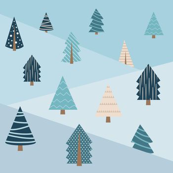 Winter fields - vector illustration. Pine trees with snow. Season concept