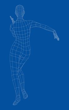 Wireframe ballerina or dancer in dance pose. Female dancing salsa. 3d illustration