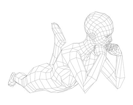 Wireframe girl rested her chin in her hands and lifted her leg. 3d illustration