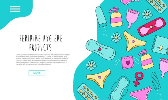 Hand drawn landing page with feminine hygiene products with colorful elements, concept of women protection during period, critical days banner.