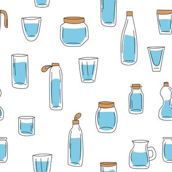 Glass bottle with water illustration on white background. Hand drawn vector. Seamless pattern in doodle art for wrapping paper, wallpaper, backdrop