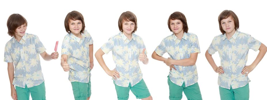 The concept of a happy childhood, fashion, style. A boy teenager close-up. Isolated on white background.