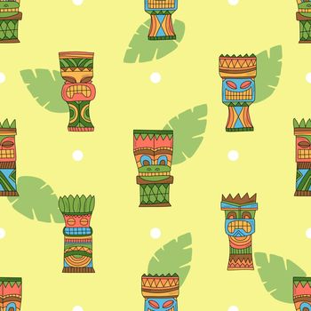 Tiki hawaiian mask - summer vector illustration - with tropical palm leaves - seamless pattern