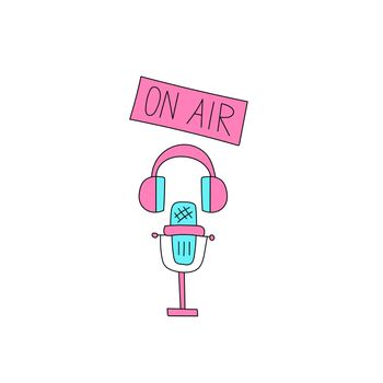 Microphone, headphones, a sign on air. Hand-drawn style in pink and blue on a white background. Icons for design or stickers