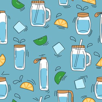 Seamless pattern on blue - hand drawn glass water bottles. Decor from oranges, ice, kiwi. Summer fresh drinks concept