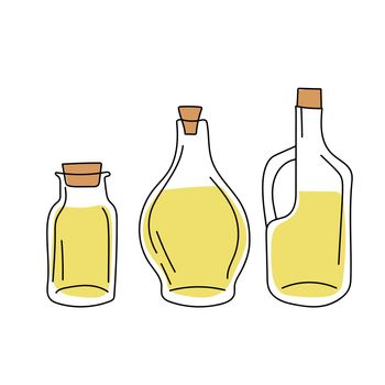 Hand drawn sketch - collection of olive oil bottles. Great design elements for olive oil products on white