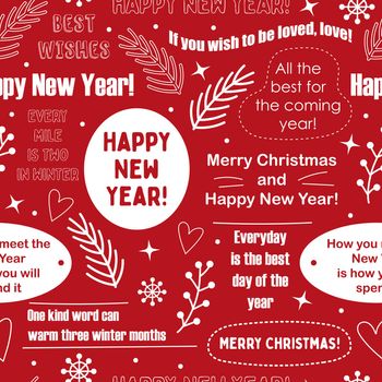 New year and merry christmas vector seamless lettering pattern, handwritten quotes and words on red background