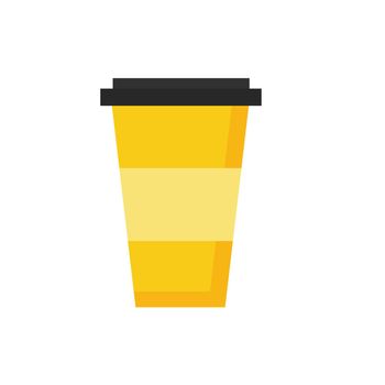 Flat icon with paper cup for coffee, cappuccino or tea in yellow color on white for websites or design