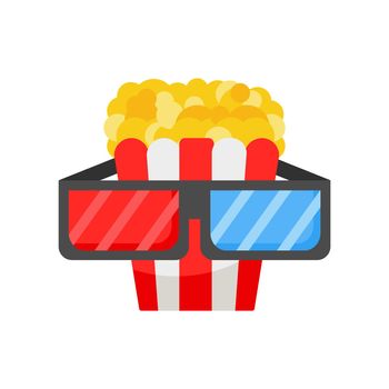 Popcorn and 3d glasses. Drawn vector illustration, flat art icon for online cinema, movie, film, theater
