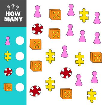 Mathematical puzzle game. Learning mathematics, tasks for addition for preschool children. Count the items and write the answer