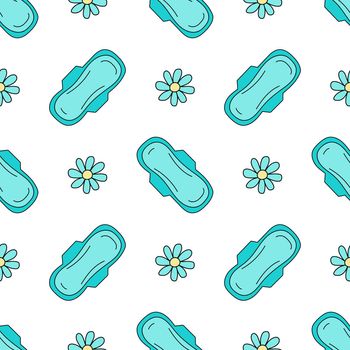 Seamless pattern. Sanitary napkin with chamomile scent. Vector illustration in blue and white background