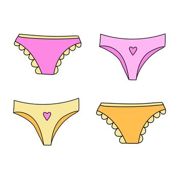 Vector panties. Set of four types of women underwear - pink and yellow. Vector illustration.