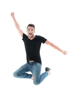 Happy excited cheerful young man jumping and celebrating success