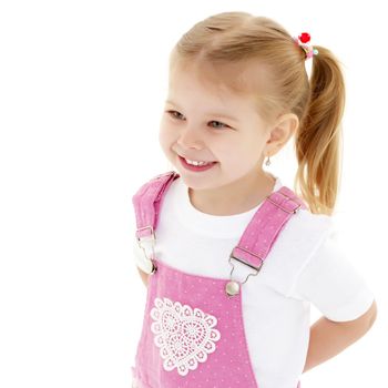 Beautiful little girl close-up. The concept of beauty and fashion, happy childhood. Isolated on white background.