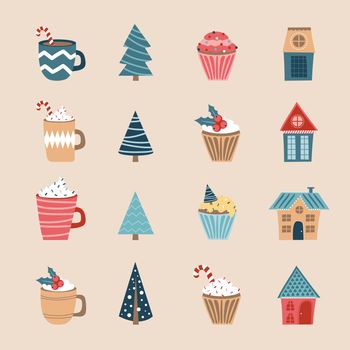 Merry Christmas icon set. Holiday icons. Cups, cupcakes, houses and trees for festive design. New year element, flat symbol