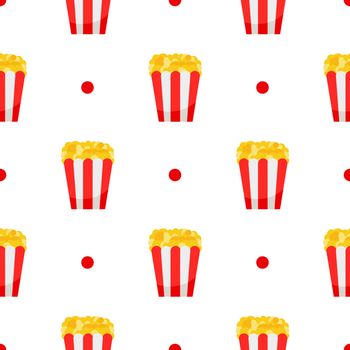 Popcorn. Seamless pattern with popcorn pack. Vector illustration in flat cartoon design on white.