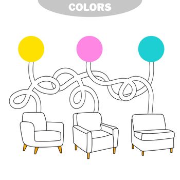 Puzzle for children. Pick a color, go through the maze and paint the chair the right color. Coloring book for children