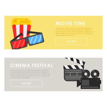 Cinema concept and festival poster template with popcorn and cinema equipment - vector illustration - set of two banners