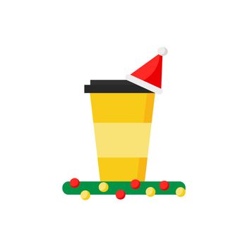 Coffee or tea cup decorated with red christmas santa hat. Vector flat design cartoon style illustration. Design element for x-mas card, banner, web.