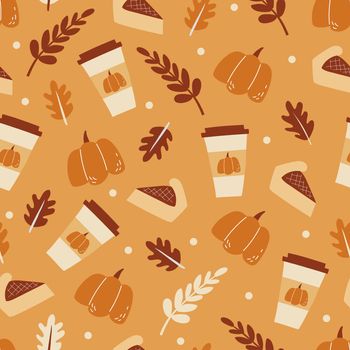 Seamless pattern with tasty pumpkin pie and Funny spicy coffee. Halloween dessert set. Illustration for decoration menu, fabric, wrapping and textile