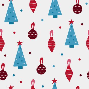 Seamless vector pattern Christmas tree and Christmas toys. Red and blue colors. Repeating background. Use for fabric, wallpaper, wrapping, home decor