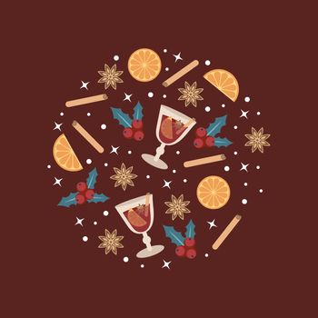 Hot mulled wine in a glass and elements and spices for a drink on a burgundy background in the shape of a circle