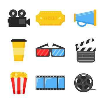 Cinema icons - set of bright flat icons. Movies and films. 3D Glasses, coffee, popcorn, ticket, reel.