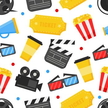 Flat cinema seamless pattern design with film reel, clapper, popcorn, 3D glasses, for print, fabric and web-design on white