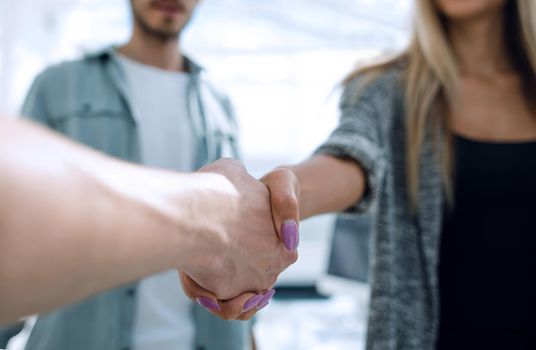 Lawyer handshaking with client in office, closeup