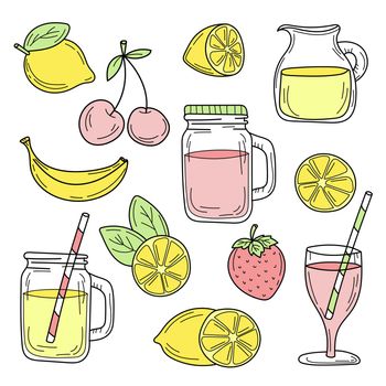 Set of summer cocktails line drawn on a white background. Vector sketch food. Hand-drawn set - lemonade and fruits