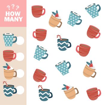 How many objects task. Educational math game for preschool children. Counting game for kids. Kids activity page. Christmas Cups.