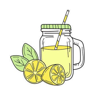 Yellow lemons and lemonade in glass jar. Fresh summer drink. Isolated hand drawn image on white background. Detox and healthy life.