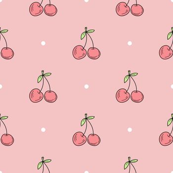 Seamless pattern of hand drawn cherry. Minimalistic seamless pattern. Hand drawn cherry on pink background
