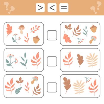Comparing numbers. Less than, greater than, equal. How many objects task. Forest Autumn leaves and mushrooms puzzle for kids
