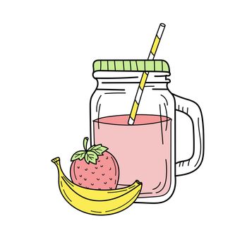 Banana and strawberry smoothie or lemonade in glass jar. Fresh summer drink. Isolated hand drawn image on white background. Detox and healthy life.