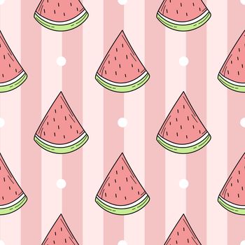 Seamless pattern of color hand drawn watermelons for design. Endless pattern on pink striped background for print, textile, packaging, menu