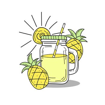 Hand drawn watermelon lemonade in a glass jar. Vector on white background. Fresh summer drink