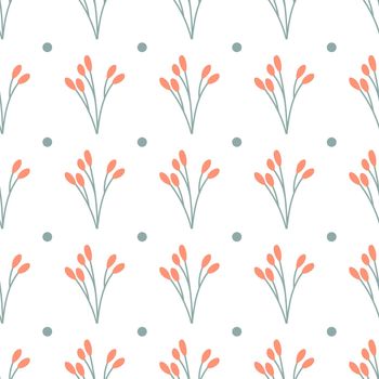 Autumn minimalistic pattern on a white background. Branch with red berries. Seamless pattern for printing, packaging, postcards, textiles.