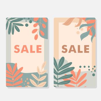 Abstract leaves art. A set of discount cards in pastel colors. Autumn leaves and decor elements. Sale tag. Vector illustration