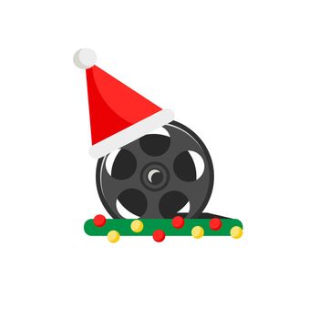Film reel with red christmas santa hat on white, vector icon in flat design