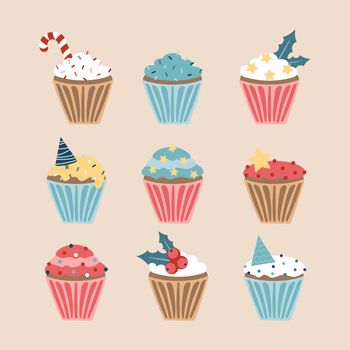 Christmas set of cupcakes and muffins, vector illustration in pastel colors