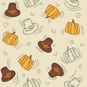 Seamless autumn pattern. Hat and pumpkin - seamless pattern. Hand drawn thanksgiving icons