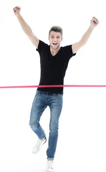portrait of a runner at the finish line isolated on white background