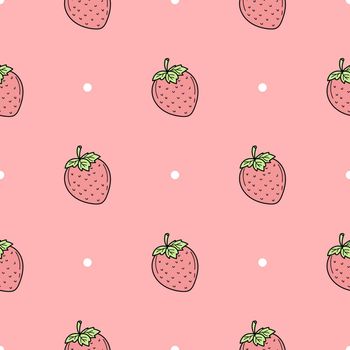 Seamless pattern of hand drawn strawberries. Minimalistic seamless pattern. Hand drawn strawberries on pink background