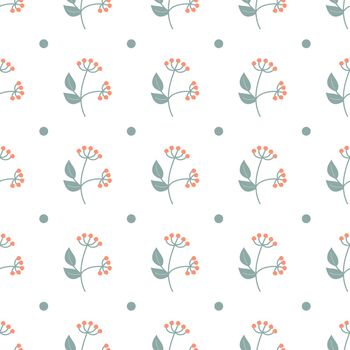 Autumn minimalistic pattern on a white background. Branch with red berries. Seamless pattern for printing, packaging, postcards, textiles.