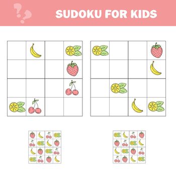 Sudoku game for children with pictures. Kids activity sheet. Cartoon fruits. Banana, lemon, cherry, strawberry